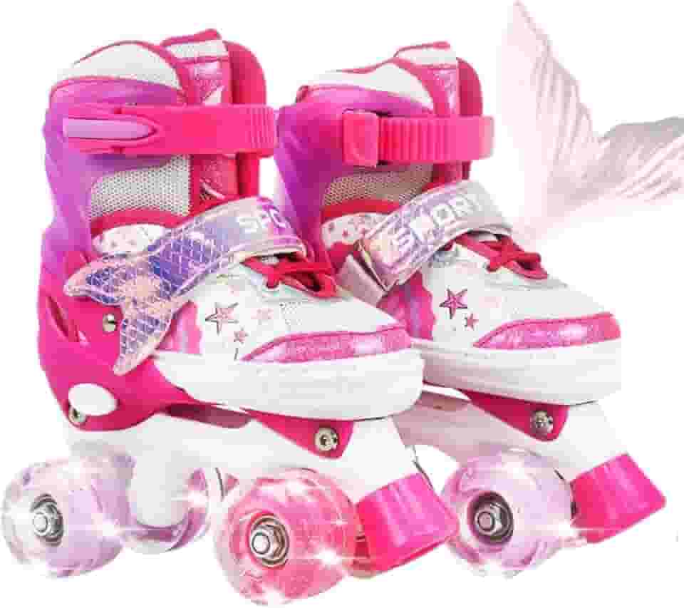 Patins Infantil 4 Rodas Ajustável Rodinha Led Sereia + Kit Proteção