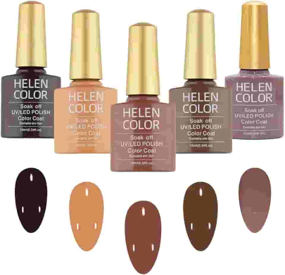 HELEN COLOR Kit 5 Esmaltes em Gel UV/LED Soak Off Brilhoso 10ml Cada Fórmula Profissional para Manicure Alta Durabilidade Secagem em Cabine (Marrom)