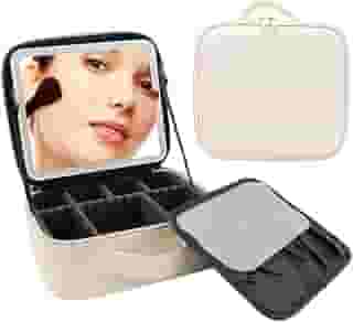 Kit Maleta Maquiagem completo Profissional Com Espelho e Luz Led e paleta de maquiagem(Branco)