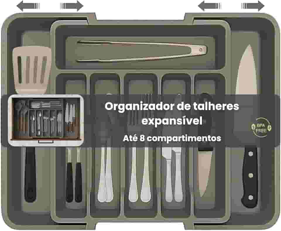 Porta Talheres Expansível, Organizador Grande Para Gaveta Ajustável, Cor Cinza Polipropileno, 8 Divisórias, Design Moderno Multiuso Ideal para Cozinha.