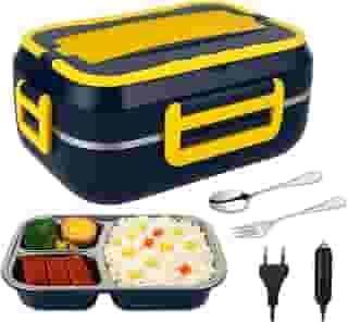 Marmita Lancheira Elétrica Portátil com 03 Divisórias em Aço Inoxidável – 110V/220V – 12V/24V – Refeições Quentes – Uso em Casa Carro ou Trabalho – Produto Premium (Azul/Amarelo)