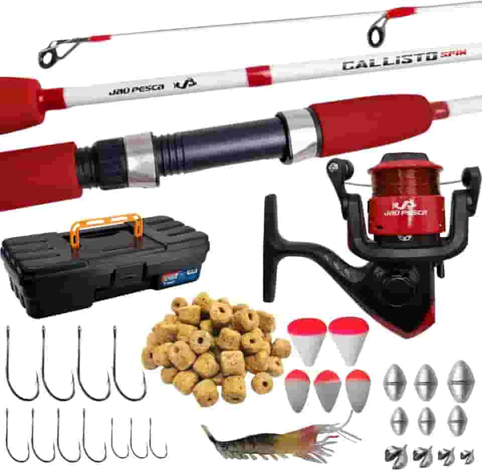 Jaú Pesca Kit Vara Callisto Spin 2 Partes com Molinete JP250, Maleta e Acessórios para Pesca, 10-20 lbs