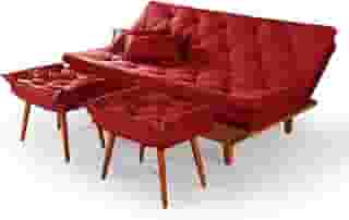 Sofa Cama Reclinavel Caribe Com Duas Banquetas Rubi Suede Vermelho