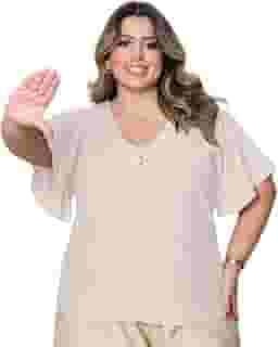 Blusa Social Plus Size Feminina Manga Curta Godê Decote V com Botões G1 G2 G3 Camisa Elegante