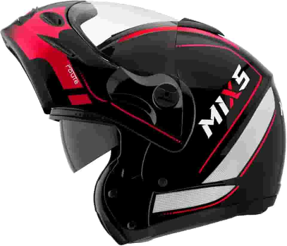 Capacete de Moto Mixs MX Captiva Route Brilhante Com Viseira Interna Solar Óculos de Sol Articulado Escamoteável Robocop Cinza Com Vermelho