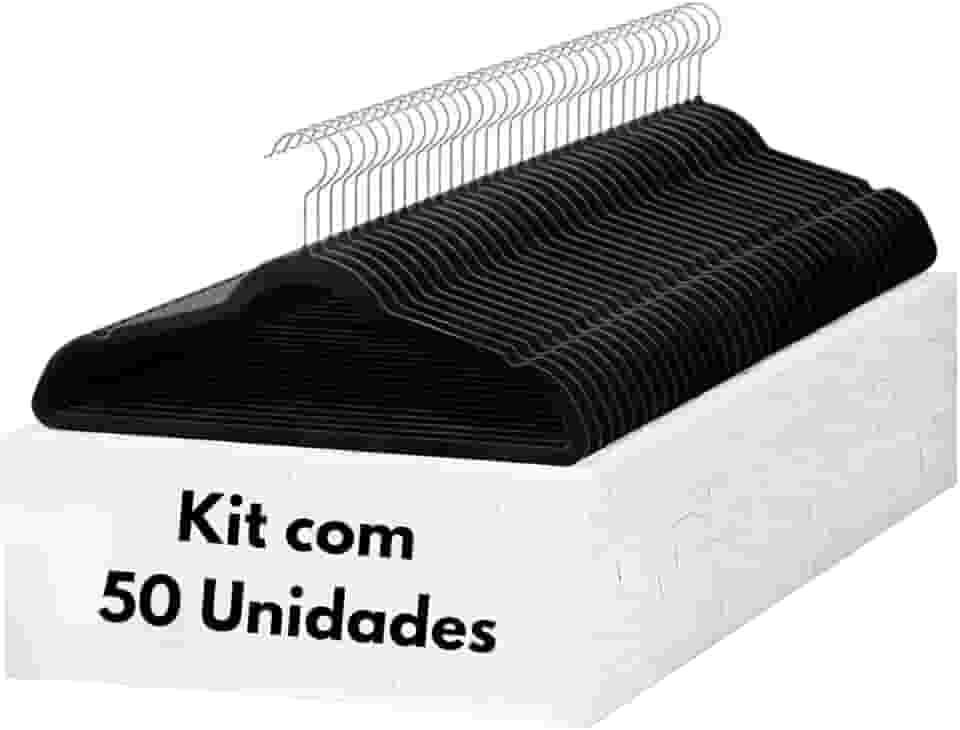 Cabide De Veludo Preto Adulto Ultrafino Slin Antideslizante Kit com 50 Un.Cabides 360°Graus Para Roupas Casacos Camiseta Calça Reforçado