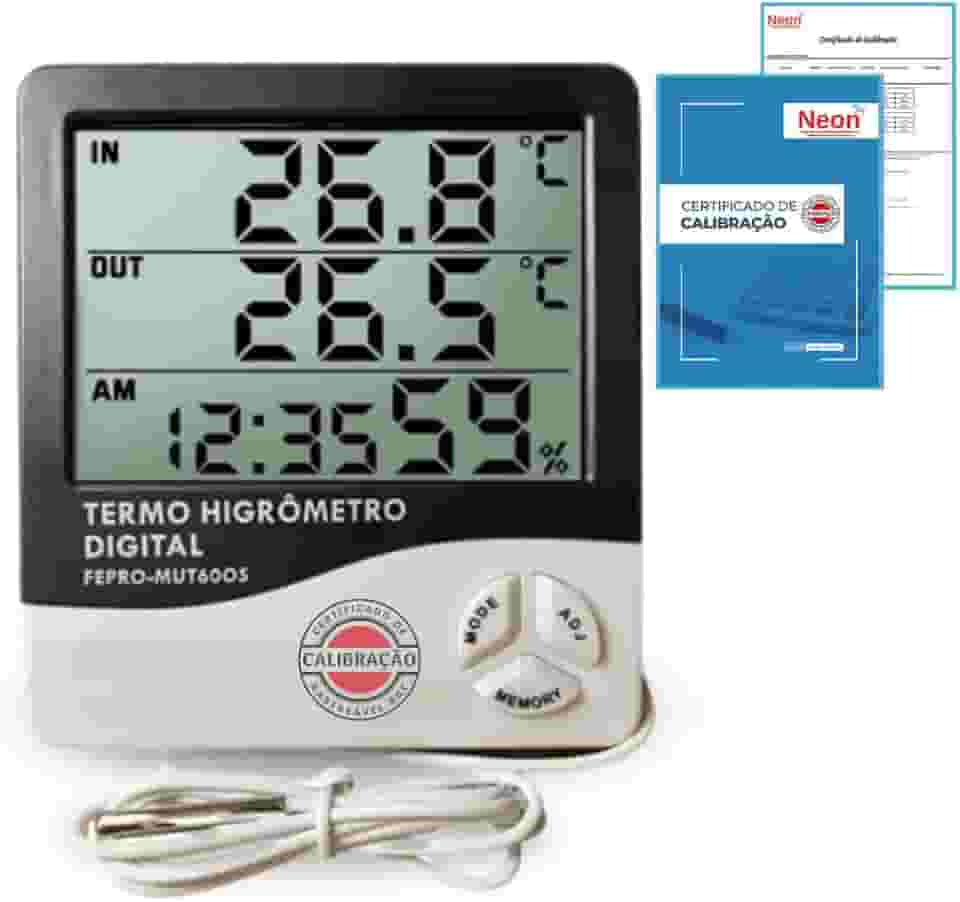 Termômetro e Higrômetro Digital + Certificado De Calibração Rastreável Rbc com Relógio e Sonda Alta Precisão - Medidor de Temperatura e Umidade Ambiente -Display LCD Empresas, Farmácias e Indústrias