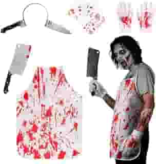 Conjunto de fantasia de açougueiro de Halloween – Roupa de chef sangrento para cosplay assustador, festa de terror, decorações de casa assombrada