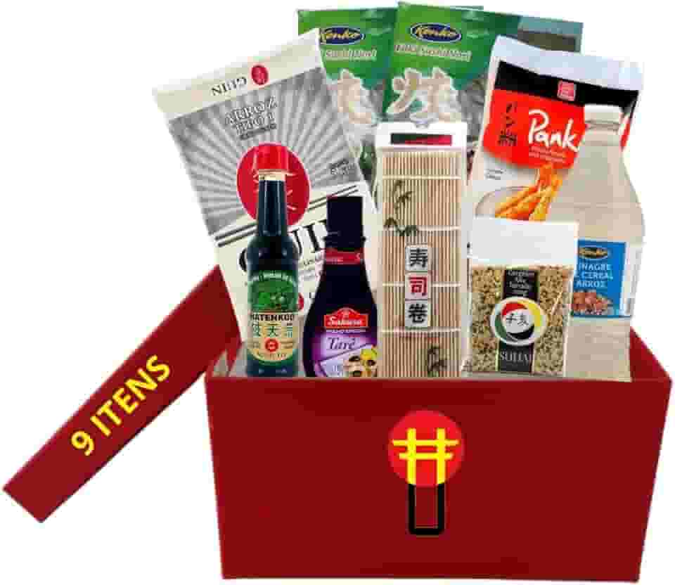 Kit Sushi Hot Roll Oriental Com 9 Itens - Arroz, 2 Algas, Shoyu, Esteira, Vinagre, Panko, Tarê e Gergelim
