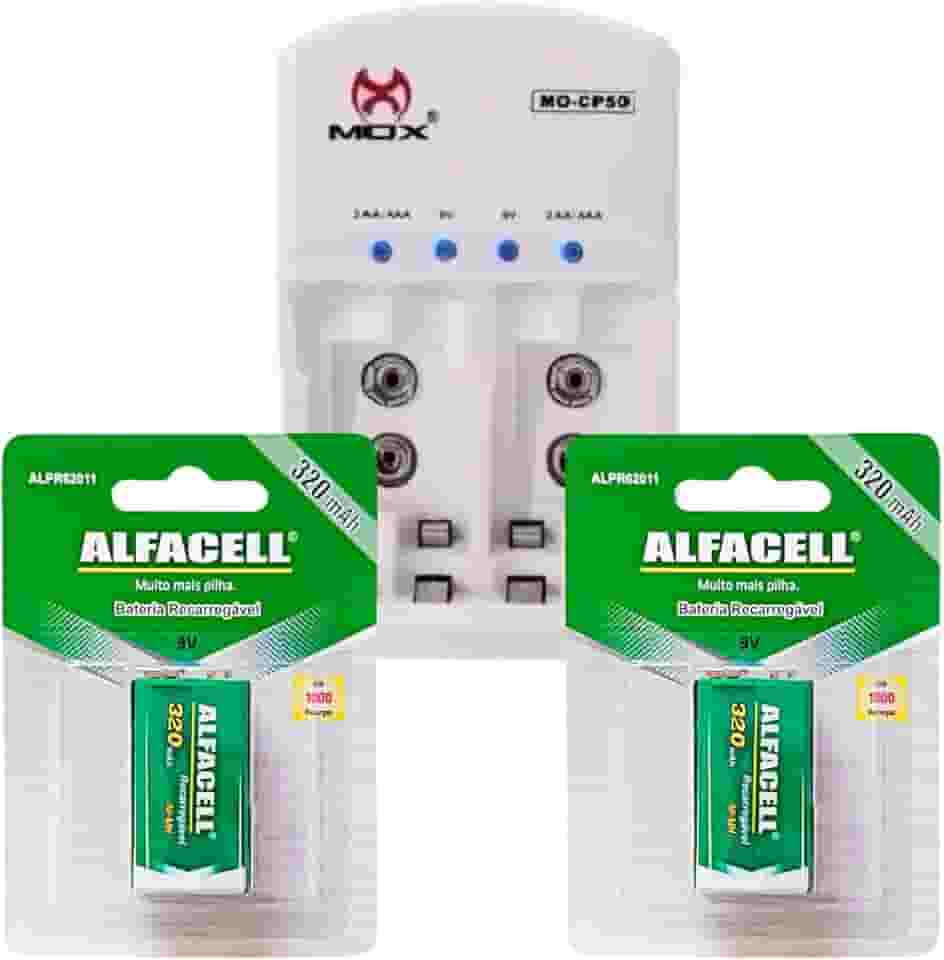 Kit Carregador Bivolt Mais 2 Baterias 9v Recarregavel Pilha Retangular