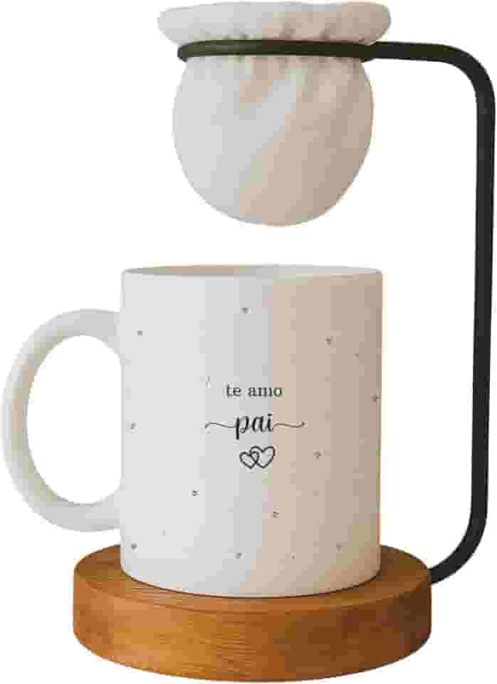 Kit Dia dos Pais, Caneca ' Te Amo Pai' com Mini Coador de Café, Base em Madeira
