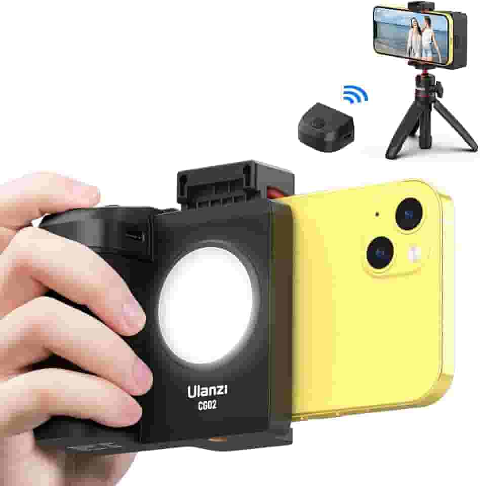 ULANZI CG02 Punho da Alça do Obturador da Câmera do Smartphone sem Graduação com Controle Remoto Sem Fio Bluetooth Destacável, Luz de Preenchimento de Três Engrenagens Ajustável para iPhone Samsung