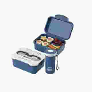 Kit Lancheira Infantil 3 Peças com Garrafa Térmica - Compartimentos Removíveis (Azul)