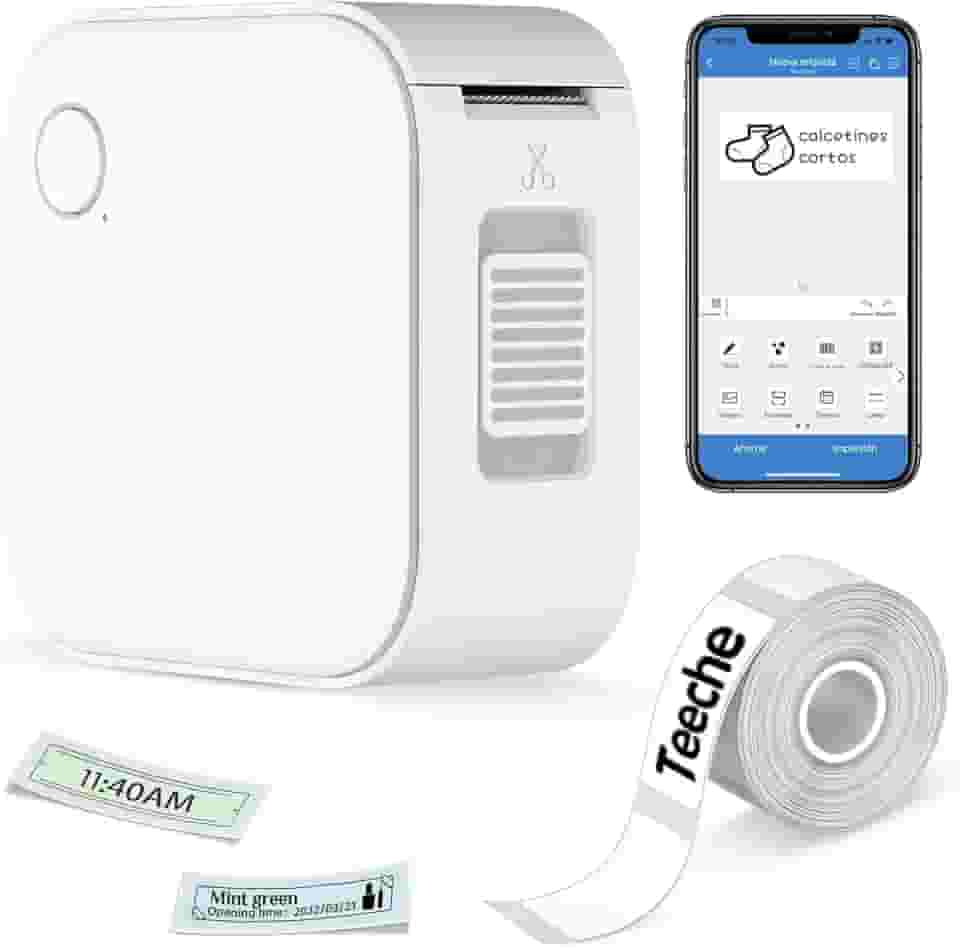 Mini Impressora Etiquetas Adesivas Portátil, Etiquetadora Adesiva Térmica Bluetooth, Maquina de Etiquetar com 1 Rolo de Etiqueta, Rotuladora de Etiquetas para Casa, Escritório, Cozinha e Escola