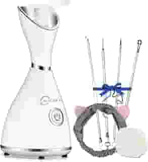 Vaporizador facial nanoiônico facial vaporizador facial umidificador vaporizador vaporizador hidratante facial para sauna caseira spa rosto com 4 peças de aço inoxidável para pele, faixa de cabelo, esponja para lavar o rosto