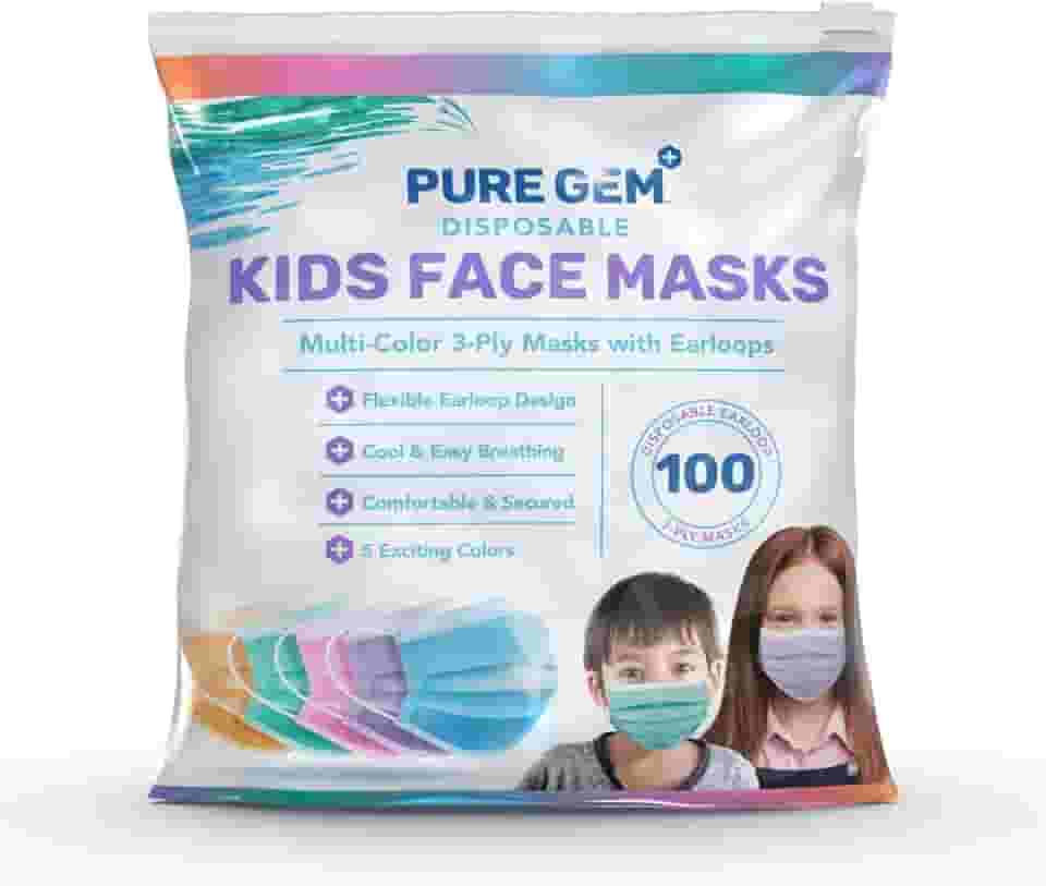 PURE GEM [Pacote Com 100] Máscaras Faciais Descartáveis Para Crianças, Meninos E Meninas, Máscaras De 3 Camadas, Capa Facial Com Elásticos Para Orelhas, Para Creche, Escola (Coloridas)
