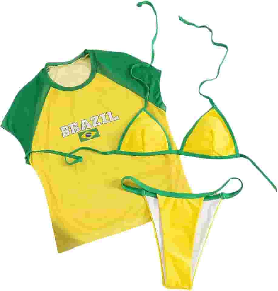 Conjunto de biquíni feminino de 3 peças com bandeira do Brasil e top de praia