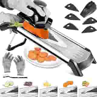 Mandoline Profissional, Cortador Fatiador Legumes, Cortador de Batata, Tomate, Cenoura e Cebola, Adjustable Mandoline Food Slicer com 5 Lâminas de Aço Inoxidável Luva Anti Corte