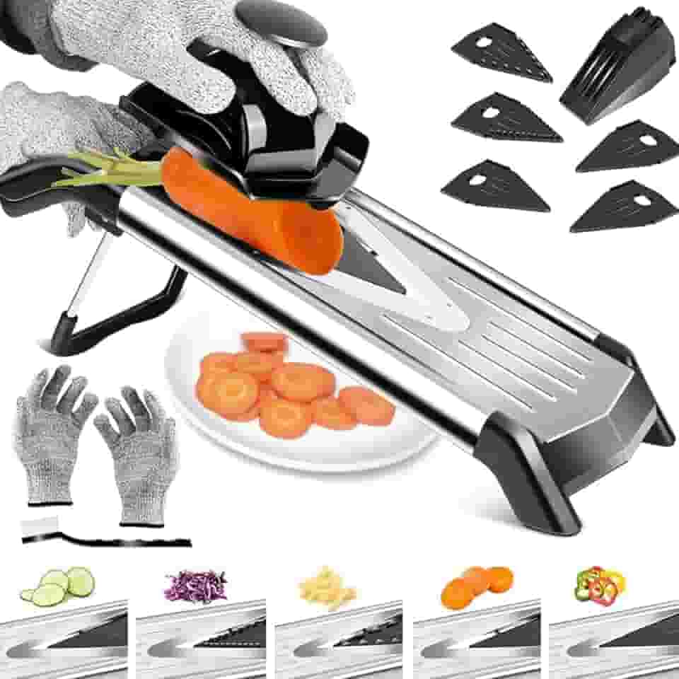 Mandoline Profissional, Cortador Fatiador Legumes, Cortador de Batata, Tomate, Cenoura e Cebola, Adjustable Mandoline Food Slicer com 5 Lâminas de Aço Inoxidável Luva Anti Corte