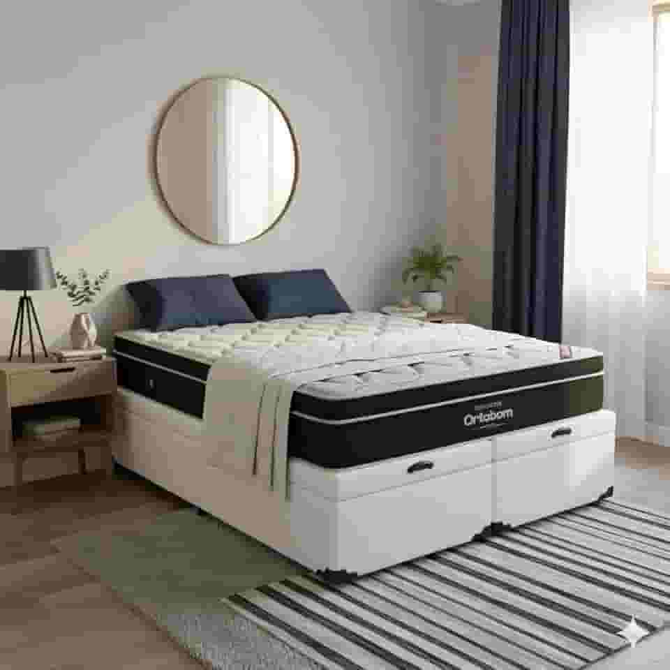 Cama Box Com Baú Queen Bipartido Corino + Colchão de Molas Ensacada Elegant - 158cmx1.98cm (Branco)