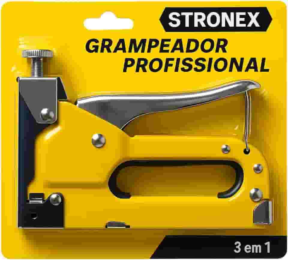 Grampeador Tapeceiro Profissional, Amarelo e Cinza, Alta Pressão, Compatível com 3 Tipos de Grampos,