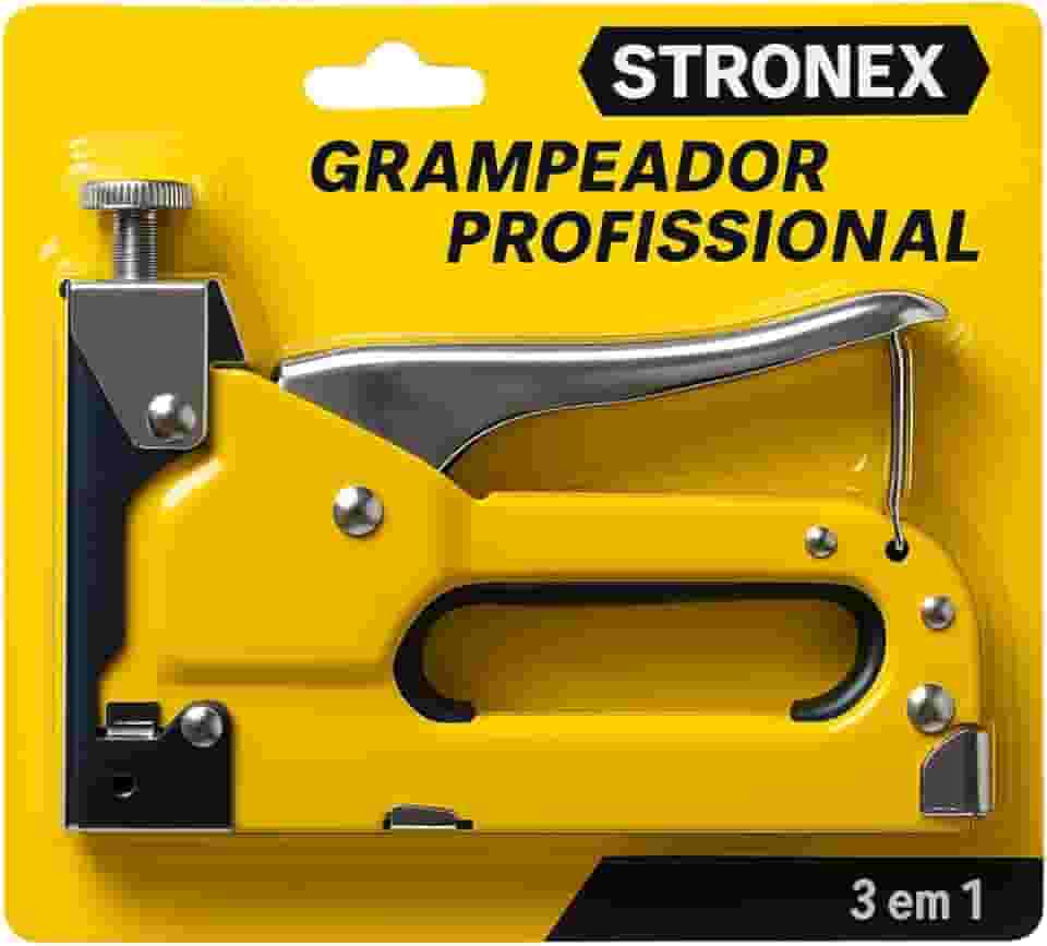 Grampeador Tapeceiro Profissional, Amarelo e Cinza, Alta Pressão, Compatível com 3 Tipos de Grampos,