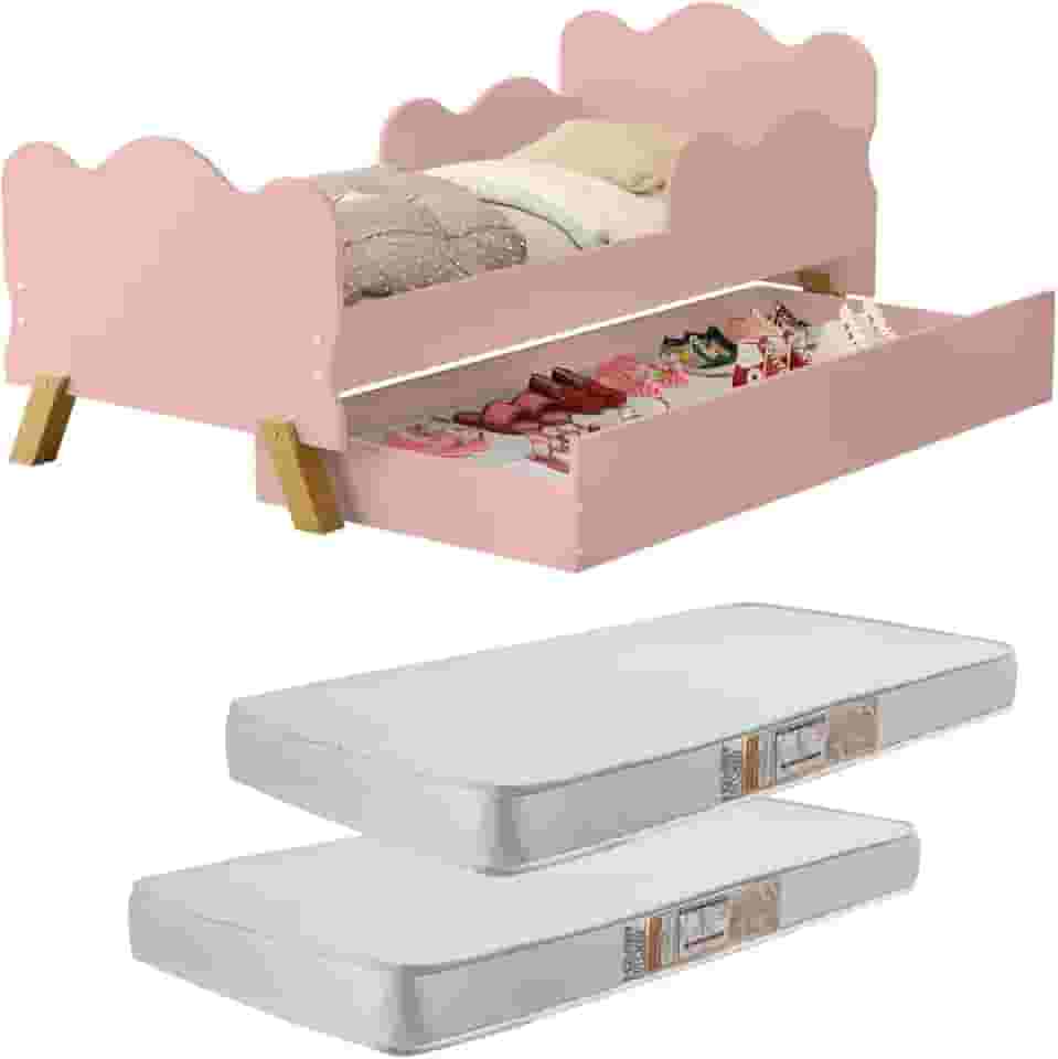 Mini Cama Bicama Infantil Angel Com Auxiliar/Sapateira Multifuncional Com Proteção Lateral + 2 Colchões (Branco)