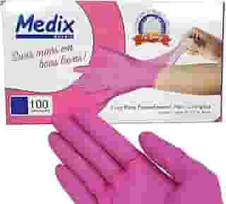 Luva Procedimento Nitrílica Rosa, Sem Pó, Tamanho M, Ambidestra, Texturizada, Descartável, Caixa com 100 Unid.