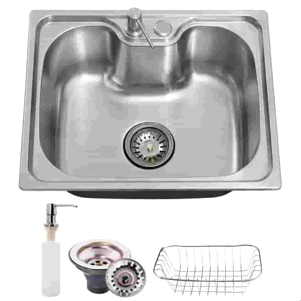 Cuba Cozinha Gourmet Aço Inox 201 50x40cm Quadrada Escovada SOFTINOX Embutir ou Sobrepor — Kit Cuba com Dispenser, Cesto Escorredor e Válvula