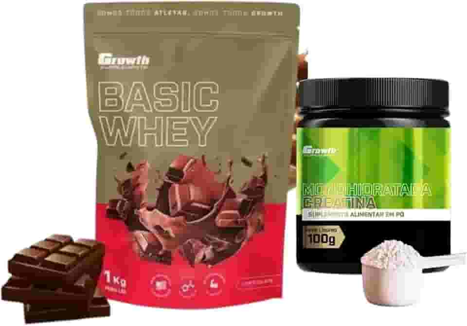 Growth Whey Protein Basic Chocolate 1kg e Creatina 100g (único, Creatina Monohidratada)