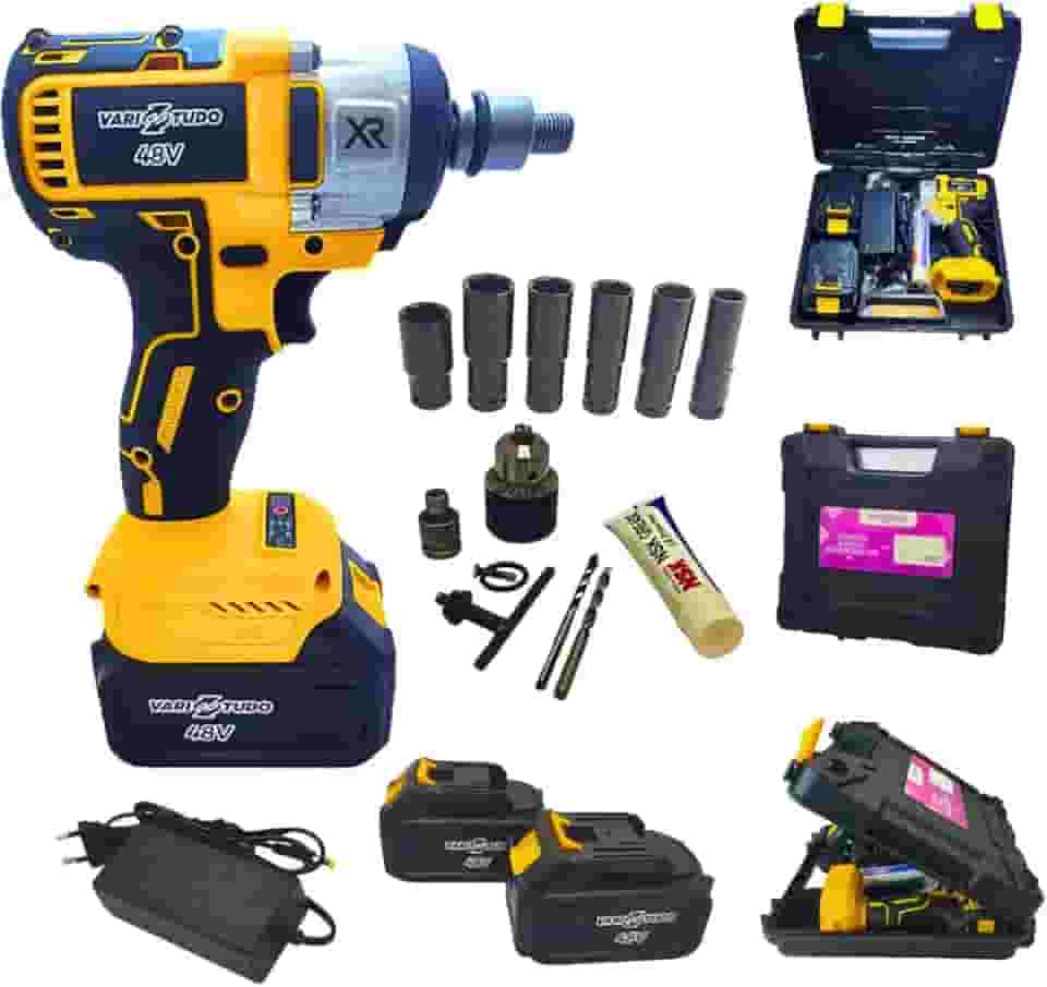 Chave de Impacto 48V Recarregavel Bivolt 2 Baterias de 2000mAh Velocidade 2300 RPM Com Soquetes E Maleta