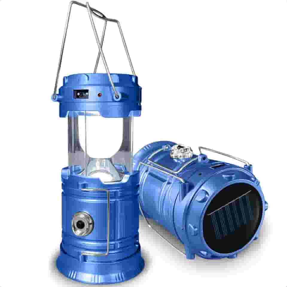 Lampião Retrô de Camping Lanterna LED 2 em 1 Recarregável com Luz Solar Luminária Portátil de Multiuso para Acampamento Pesca Trilhas com Carregador USB de Design Premium (Azul)