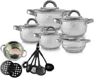 Jogo de Panelas 19 Peças Inox Antiaderente Tampa de Vidro Para Fogão e Indução