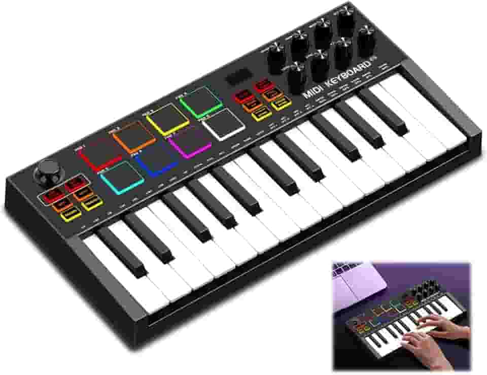Teclado MIDI, Controlador MIDI, Teclado Controlador 25 Teclas Midi, Controlador Midi 25 Teclas com 8 Pads RGB, Produção Musical, Visor OLED Visualizável, 12 Semitons de Transposição