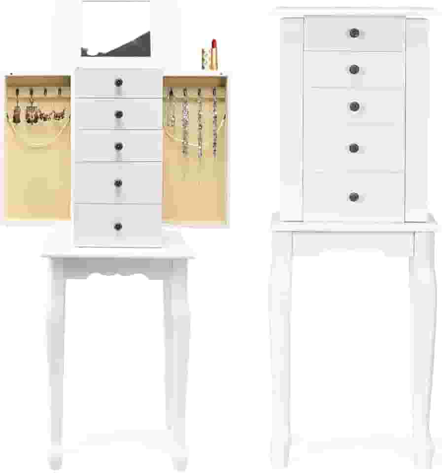 Armário de joias Renatone com espelho, suporte de armazenamento de madeira com 4 gavetas, 2 portas laterais e 8 ganchos para colar, caixa de joias com organizador de armazenamento superior, presente