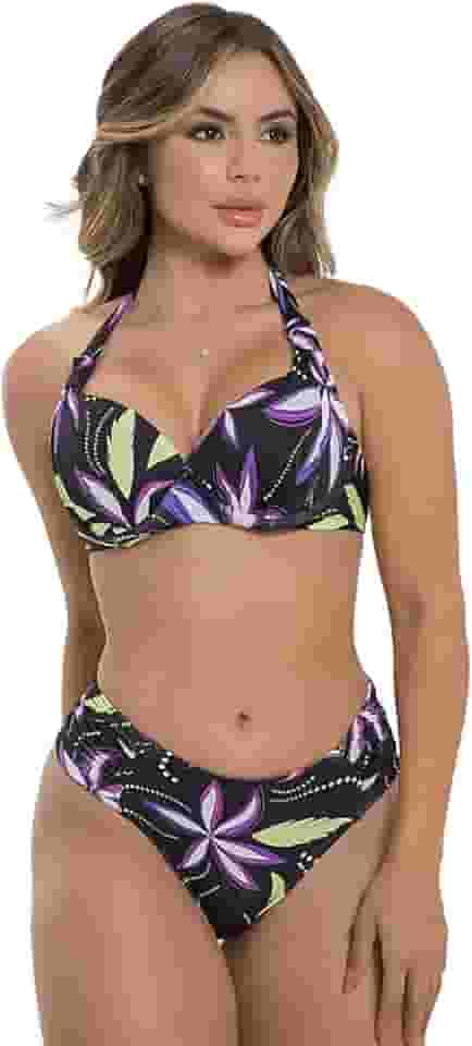 Biquíni Estampado com Bojo Meia-Taça e Calcinha Drapeada Disfarça Barriga