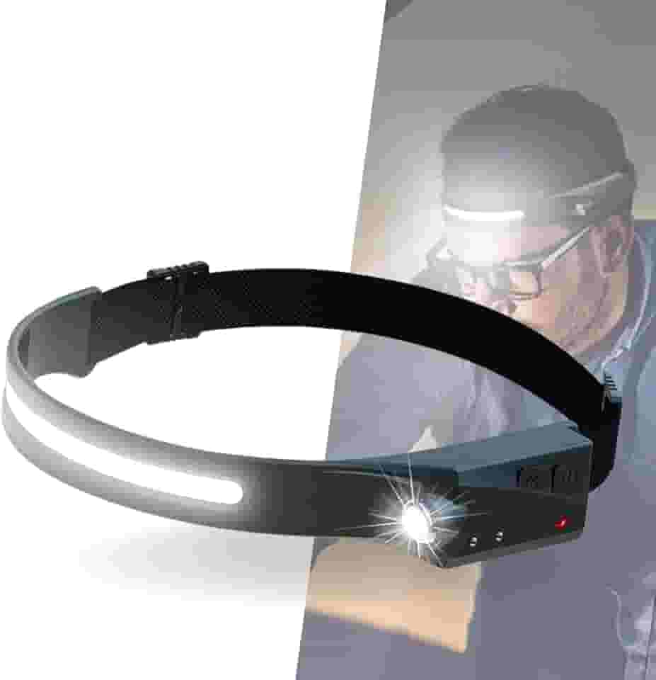 Lanterna de Cabeça LED Recarregável USB com Sensor de Movimento, Iluminação 230° COB, IPX4 Resistente à Água, Leve e Ajustável para Camping, Trilhas, Corrida e Trabalho