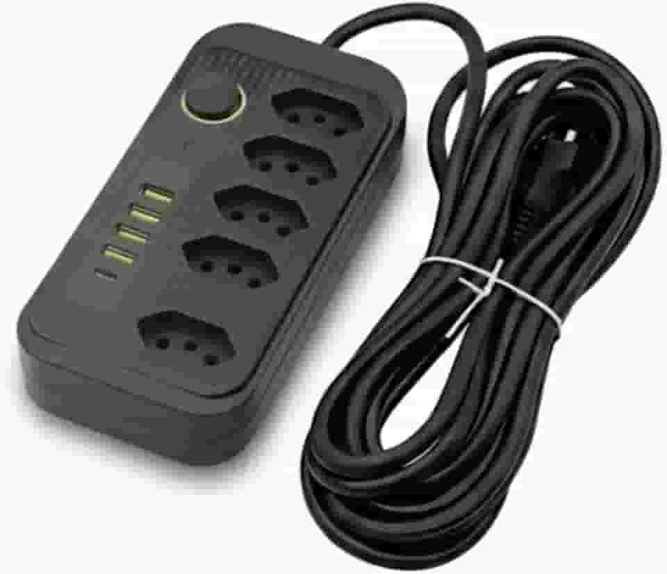 Extensão Tomada, Régua Tomada, Régua de Energia, 5 Tomadas, 4 Interfaces USB, 1 Porta USB Tipo-C, Cabo de Alimentação de 2 metros, Suporte a Tensão de 110-220V, Potência de 2500W (Preto)