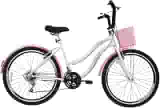 Bicicleta Feminina 26 Beach Retrô Branca de 18 Velocidades com Aros duplos, Pneus Slik, Paralamas e Cesta Rosa - Dalannio Bike