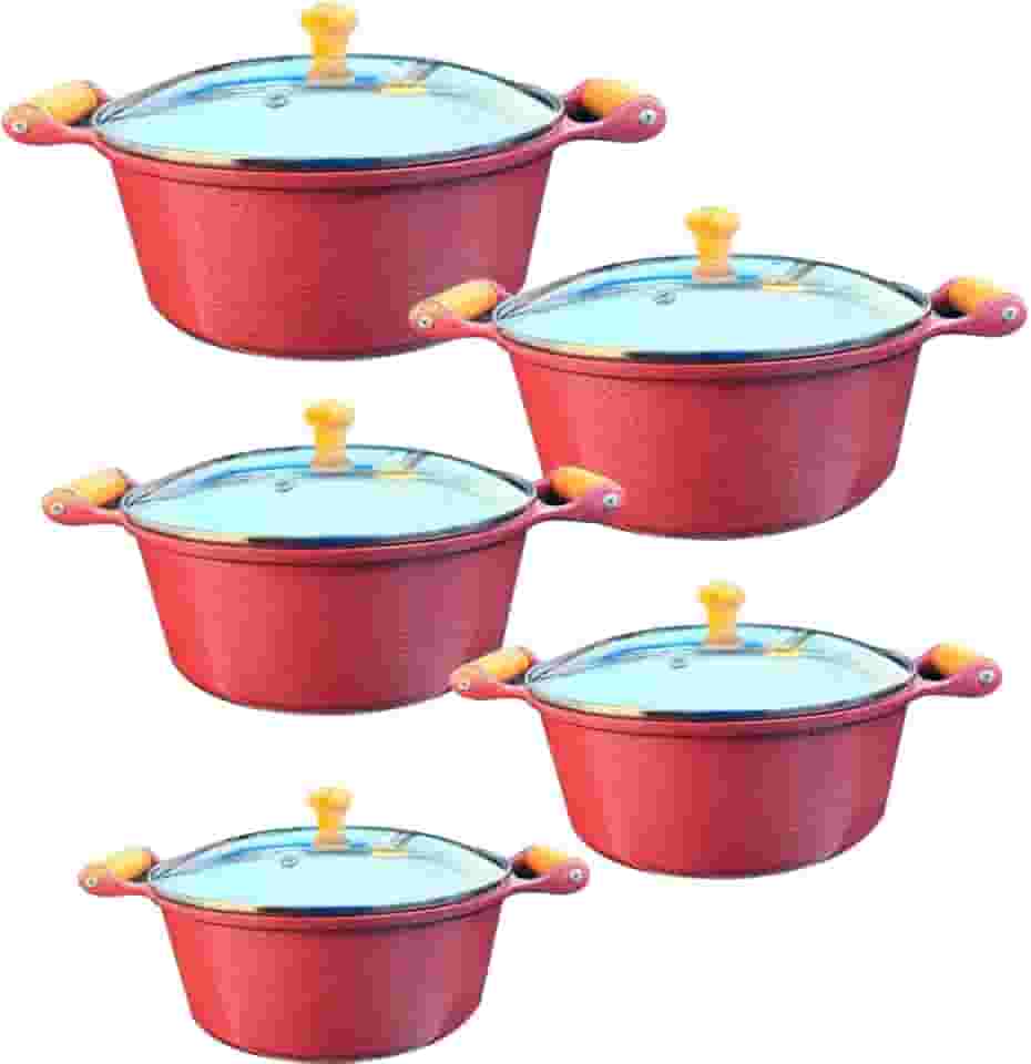 Jogo 5 Panelas Cerâmica Atoxica Antiaderente em Aluminio Fundido com Tampas em Vidro Temperado