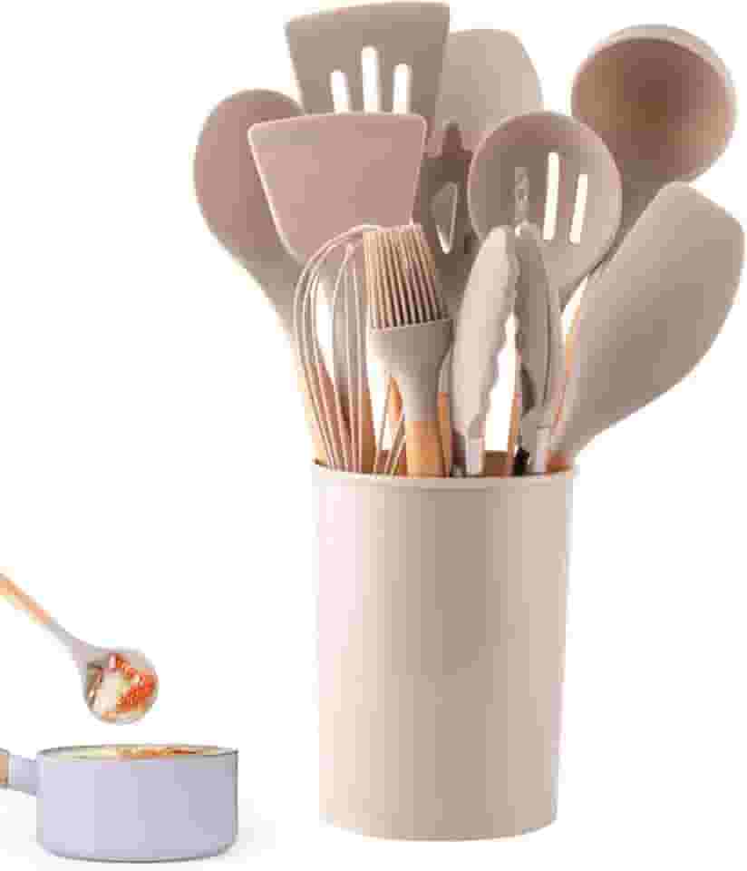 Kit 12 Utensílios de Cozinha em Silicone Cabo Madeira Conjunto Jogo Completo Espátula Concha Colher Resistente Alta Temperatura Premium