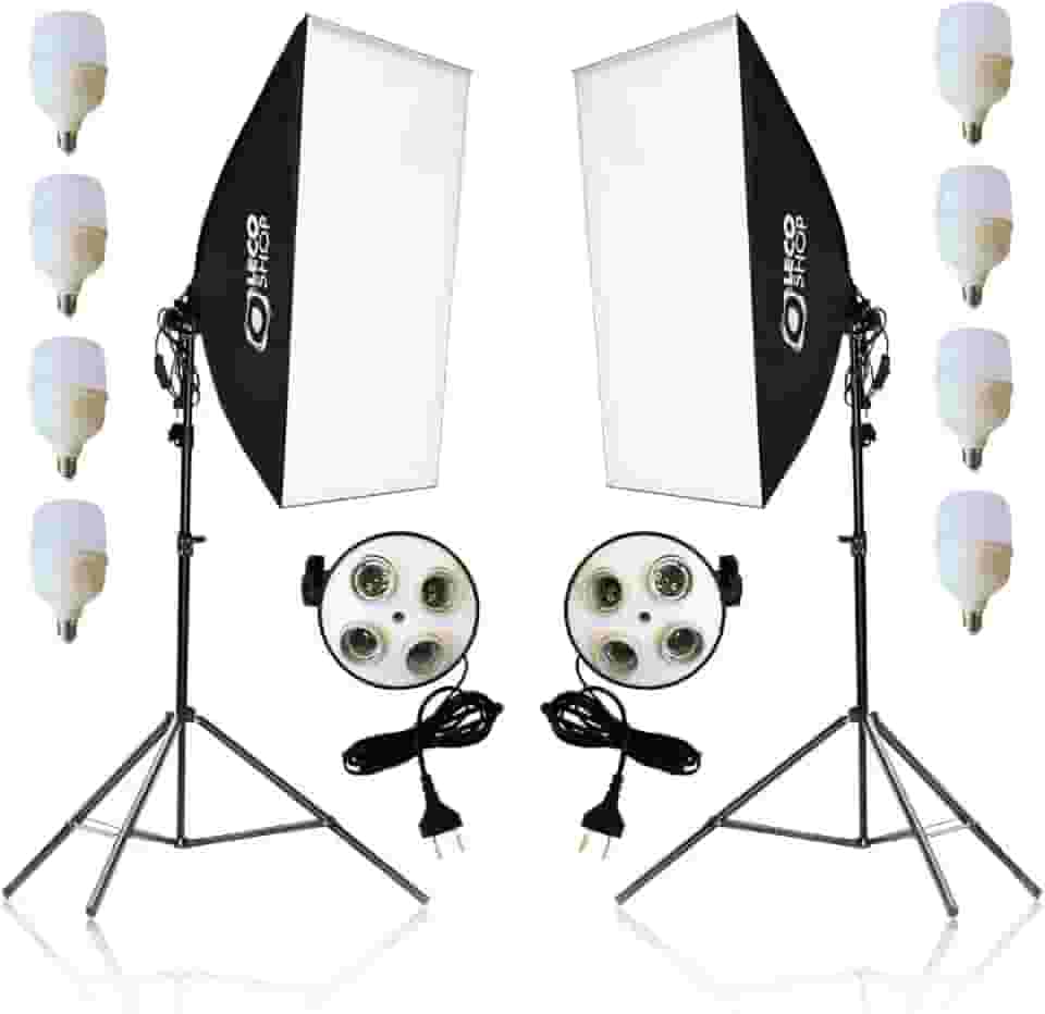 Kit 2 Softbox Fotográfico 50x70cm com 8 Lâmpadas LED 20W e 2 Tripés Ajustáveis 2m – Iluminação Contínua Profissional para Estúdio, Vídeo, Live e Fotografia