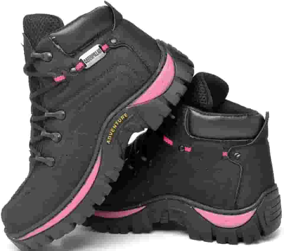 Adventure Bota Coturno Feminina em Lona Reforçada, Preto com Rosa, Cano Médio, Antiderrapante, Para Trilhas e Uso Casual, Solado Borracha, 33-44