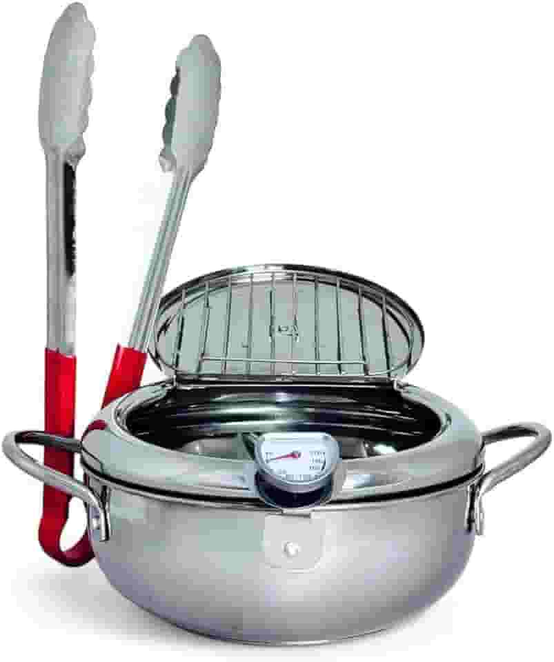 Fritadeira Japonesa em Aço Inox, 29cm, 4,2L, com Tampa e Termômetro, Escorredor de Óleo