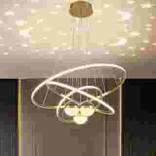 Lustre LED Dimerizável com Projeção de Galáxia e 3 Anéis | Luminária Pendente para Sala de Jantar sobre Mesa, Ilha de Cozinha, Sala de Estar e Quarto com 3 Cores (Ouro)