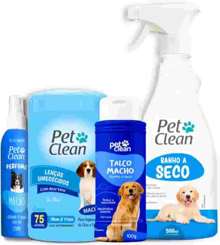 Kit Banho a Seco 500ml + Talco 100g + Lenço Umedecido 75un + Perfume 120ml Pet Clean - Higiene e Limpeza para Cães e Gatos (Macho)