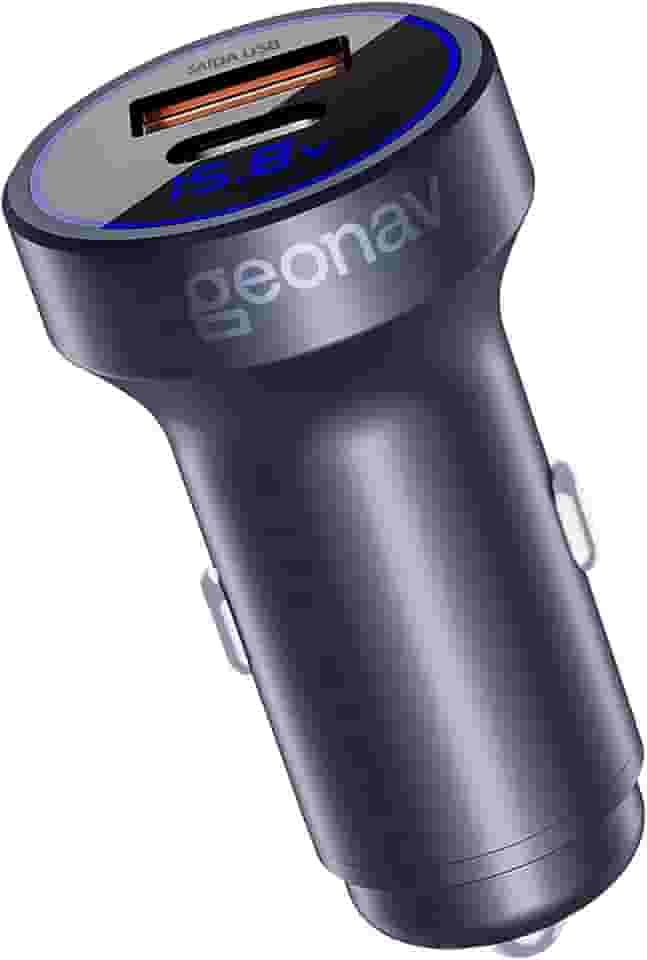 Geonav Carregador Veicular SuperPower Ultrarrápido Duo 38W, 2 portas - 1 USB (18W Quick Charge) e 1 USB-C (20W Power Delivery), CH38PDQC, Alumínio Cinza
