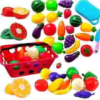 Kit de Frutas de Brinquedo com Tábua de Cortar, 23 Peças, Cesta Vermelha