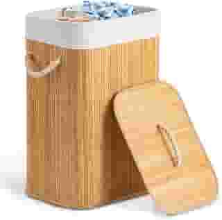 Cesto de Bambu Roupa Suja em Bambu Natural com Tampa 60L Alças de Corda Forro Removível Ideal Para Lavanderia Área de Serviço Banheiro e Quarto Premium