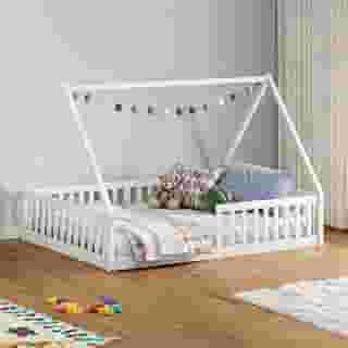 IDIMEX Cama Casal Infantil Montessoriana Branco Madeira Casa com Estrado Ravi